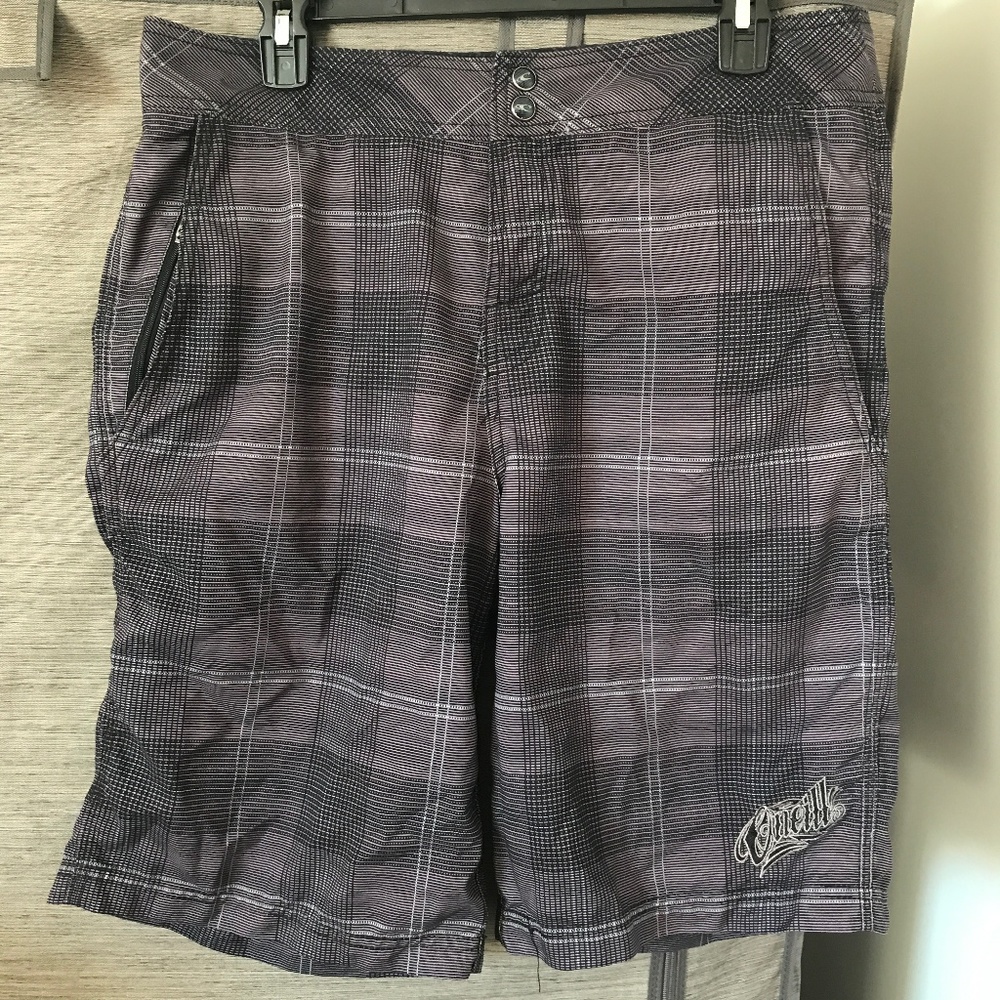 O'Neill men's black/gray plaid hybrid shorts sz 33